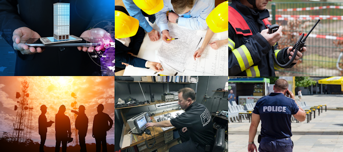 Collage of public safety technology at work: a tablet, building plans, a firefighter, a two-way radio, silhouetted first responders, a dispatcher and a police officer