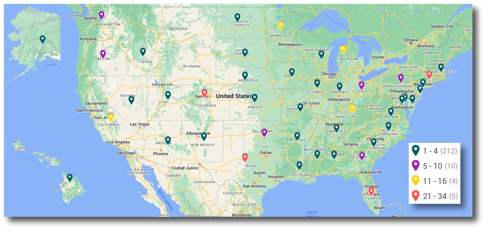 Map of US school shootings since Columbine, colour-coded by casualties