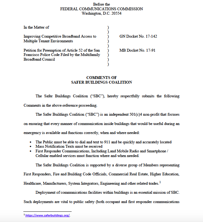The Safer Buildings Coalition Submits its Comments to the FCC