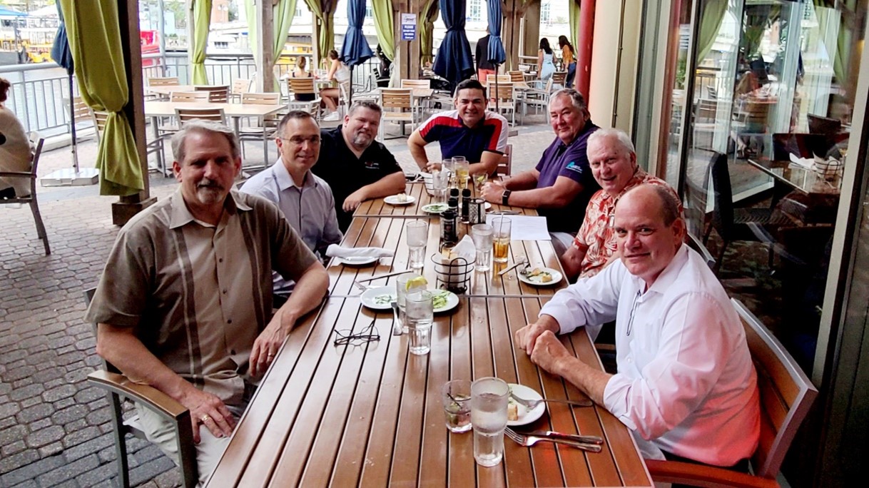 SBC hosts our sponsors at a kick-off dinner in Tampa. L-R John Foley – SBC; Chip Hollis – NICET; Joe Rohlic – Radio One; Hugo Sulbaran – Comba; Charlie Schulz – Alliance; David Adams – PCTEL; and Chief Alan Perdue - SBC